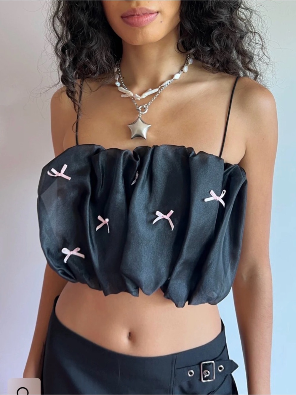 Lisa Says Gah Black Satin Cropped Top with Pale Pink Stitching - Picture 5 of 7